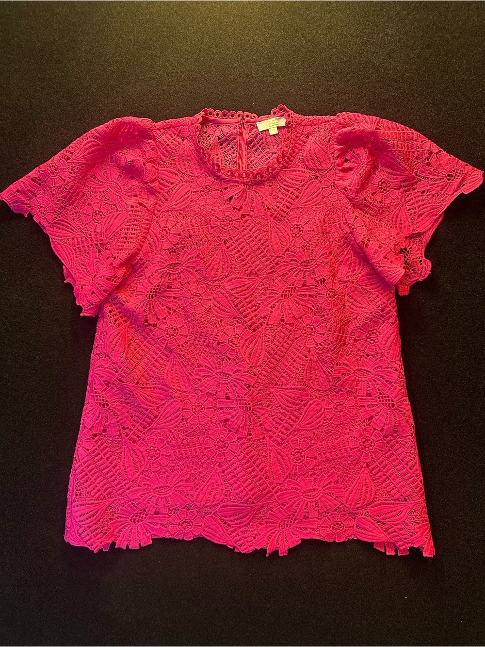 Jade Melody Tam Lace Floral Short-Sleeve Blouse in Hot Pink